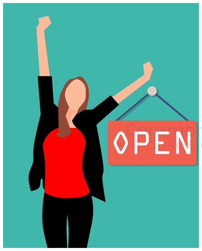 Animated woman holding open sign