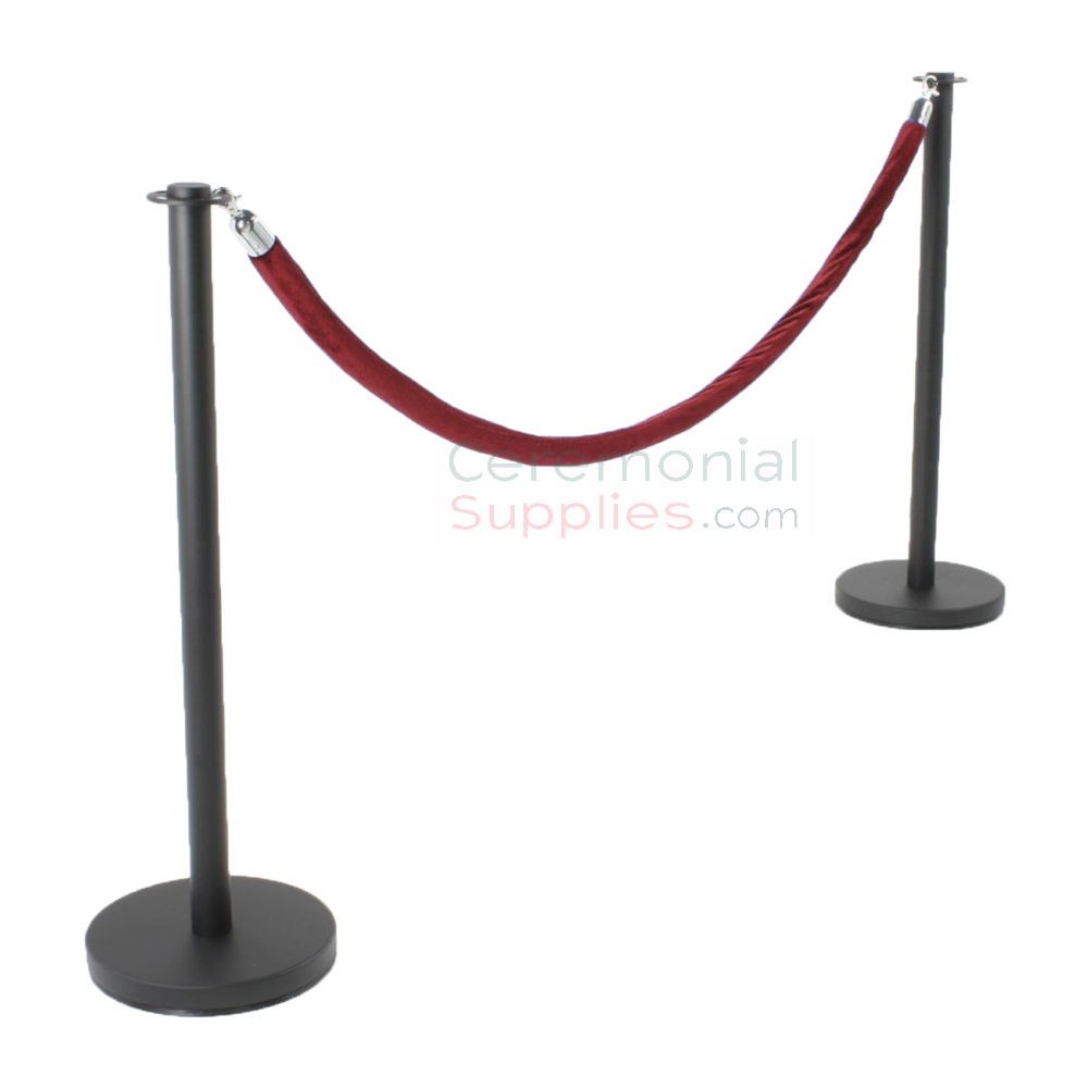 2 Black Flat Top Stanchions and 1 velvet Rope Set