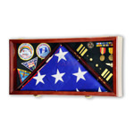 Large rectangle case sectioned off in three rectangles two holding medals and one holding an American flag