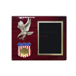 Horizontal plaque featuring American eagle emblem and American flag shield with medallion insert and black plate for engraving