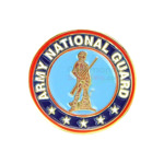 A round lapel pin with the National Guard insignia