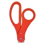 Image of ceremonial scissors with custom logo sample and orange handles.