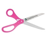 Picture of ceremonial scissors with custom logo sample and pink handles.