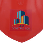 Close up picture of a vinyl decal on the Red Ceremonial Groundbreaking Shovel Head.