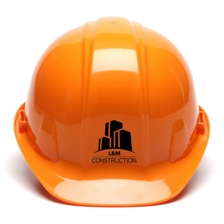 Front of orange hard hat with black logo vinyl