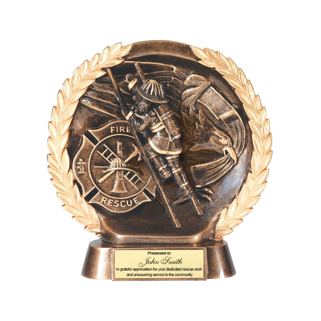 Image of a customized Resin Figure High-Relief Circular Plate Award with Bronze Finish