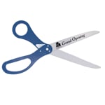 Image of ceremonial scissors with denim blue handles with logo